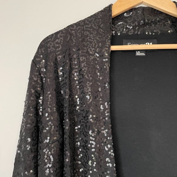 Black Forever 21 Sequin Open Cardigan w/ 3/4 Cuffed Sleeves & Collar - Picture 2 of 3